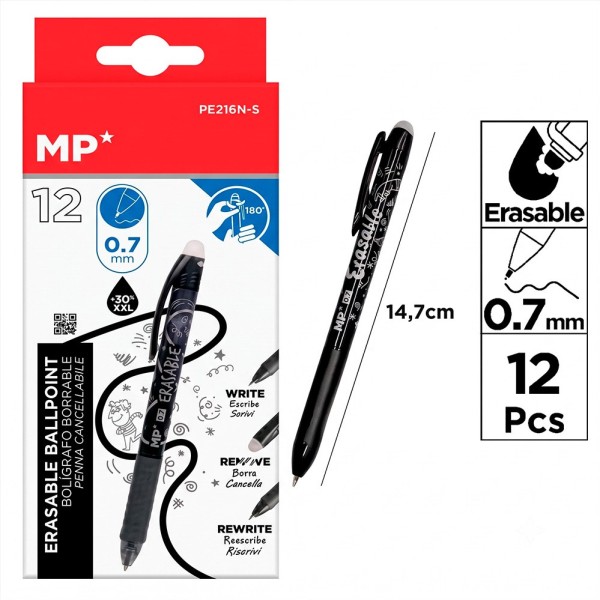 Bolígrafo borrable negro, 12 uds, blister